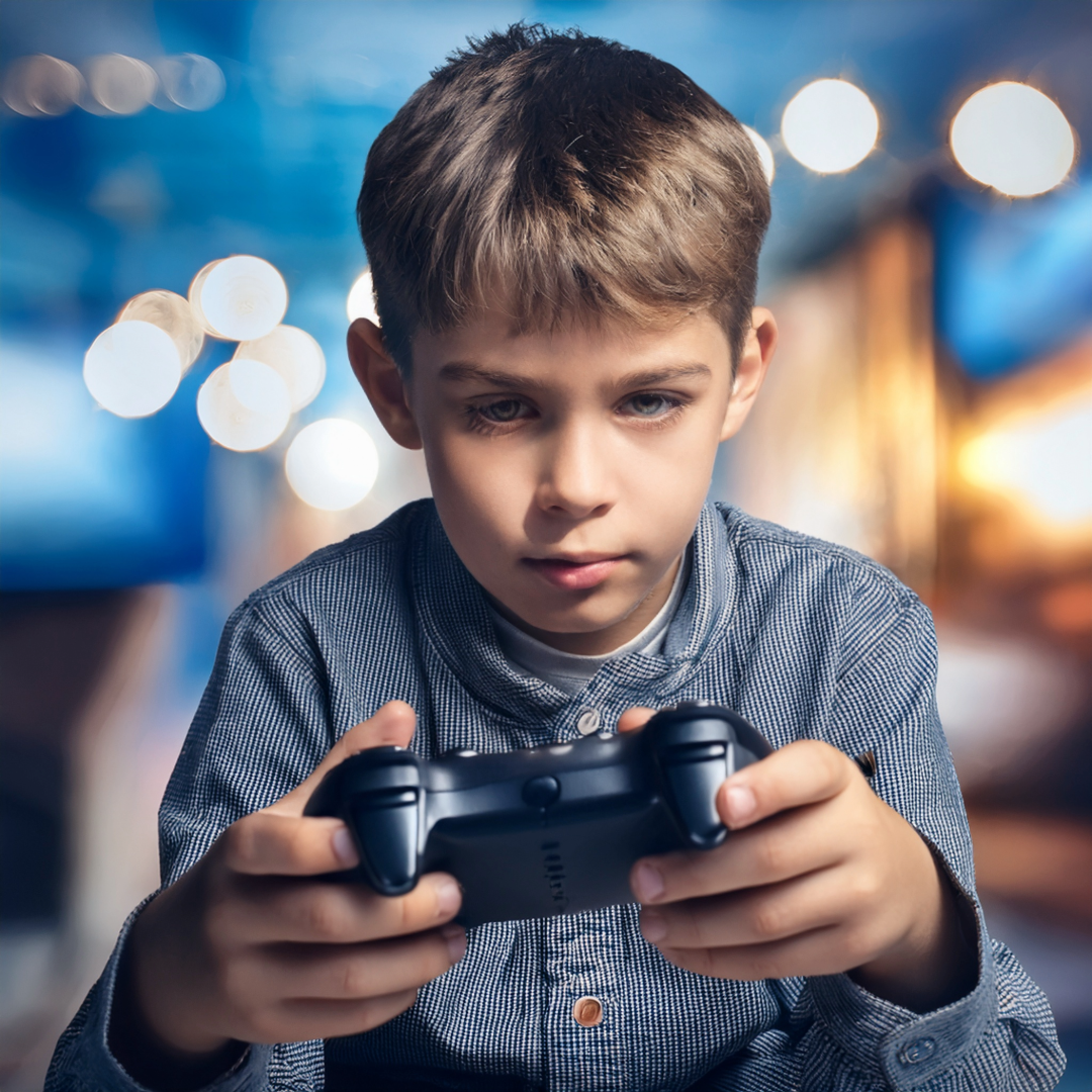 Kid playing video game